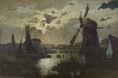 Hans Sörensen-Lund, 1859-1920, dänischer Maler, wolkenreicher Nachthimmel über Landschaft mit Windmühle, Öl/LWd, rechts unten signiert und dat. ...