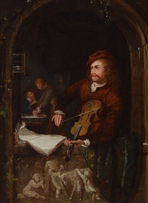 Niederländischer Künstler, um 1680, aufspielender Geiger mit Notenbuch am Fensterbogen, feine lasierende Malerei, gute Stofflichkeit, gekonntes ...