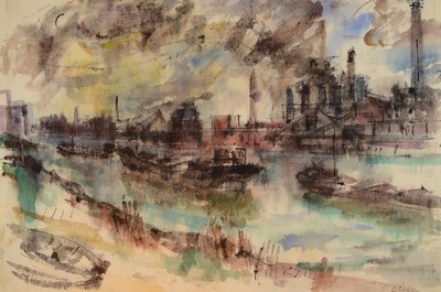 Paul Löffler, 1938-1995 Mannheim, Blick auf das Rheinufer und die BASF, Tusche und Aquarell, rechts unten signiert, ca. 52x78cm, PP, u.Gl., R. ca. ...