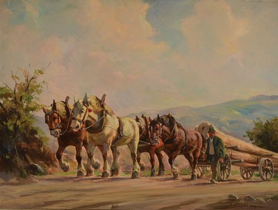 Josef Tippkemper, geb. 1892 Oelde, Förster mit vierspännigem Langholzwagen, Öl/Lwd, rechts unten signiert, ca. 60x80cm, R. ca. 73x93cm
