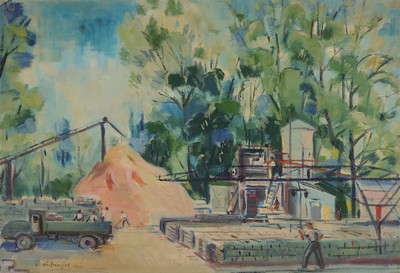 Karl Hufnagel, 1906 Harthausen-1995 Speyer, Kieswerk im Binsfeld in Speyer, Öl/Hartfaser, signiert und dat. 1958, ca. 69x100cm, R. ca. 78x109cm
