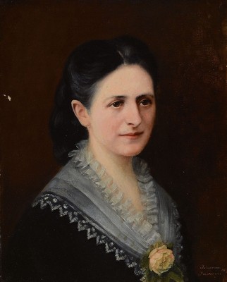 wohl russischer Porträtmaler, um 1877, re. u. bez. Johanna Karopwa ? dat. 1877, Porträt einer Frau mit Spitzenragen und gelber Rose, Öl/Lwd/Pappe, ...
