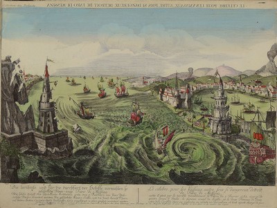 Guckkastenbild/Kupferstich, 18. Jh., "Die berühmte und für die Durchfahrt der Schiffe vormahlen so gefährlich Meerenge For di Messina...., ...