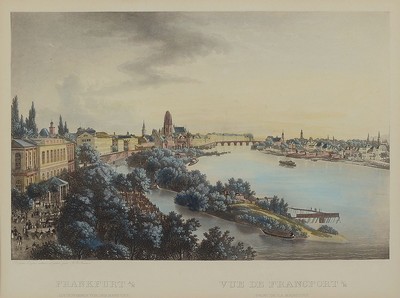Zwei große Stahlstiche,, Ansichten von Frankfurt am Main,, nach J.J. Tanner, koloriert, aufgenommen von der Main Lust und aufgenommen vom Mühlberg, ...