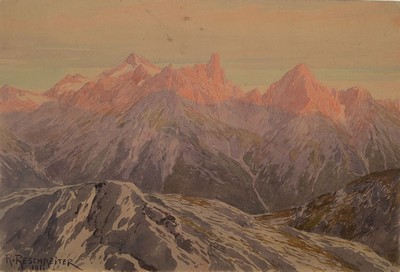 Rudolf Reschreiter, 1868-1939 München, Alpenglühen, Hochgebirgslandschaft mit rotem Lichtschein auf den Spitzen, Aquarell auf Papier, links unten ...