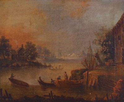 Unbekannter Künstler, Niederlande, um 1830-40, weite Flußlandschaft mit Häusern am Ufer, Fischern und einer Stadt im Hintergrund, Abendstimmung, ...