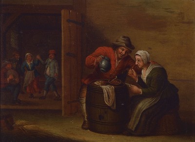 Unbekannter Künstler, Niederlande, um 1760-1780, Wirtshausinterieur, im rechten Vordergrund Paar beim Essen, im linken Hintergrund tanzendes Paar ...