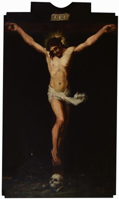 Monogrammist KG, deutsch, um 1880-1890, der gekreuzigte Christus, Öl/Lwd, rechts unten monogrammiert, kleinere Farbschäden, ausdrucksvolle Malerei, ...