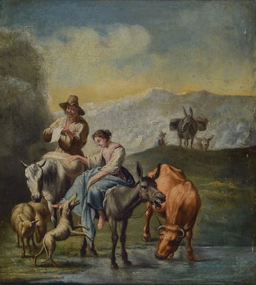 Unbekannter Künstler, wohl Frankreich, um 1830-40, Personen mit ihrem Vieh auf dem Weg im Gebirge, die auf dem Esel reitende Frauwird von einem Hund ...