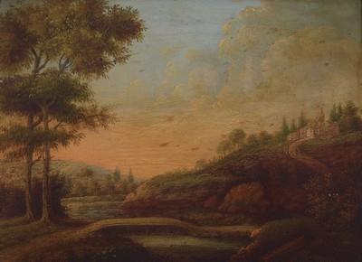 Unbekannter Künstler, Düsseldorfer Schule, um 1820, weite hügelige Landschaft mit einer Klosterruine, Abendstimmung, Öl/Holz, rest., unsigniert, ...