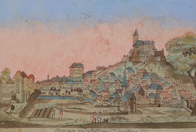 Panoramablatt, datiert 1792, Bergveste und Städtgen Königstein, Gouache auf Papier, ca. 30x45cm, PP, u.Gl., R. ca. 52x62cm
