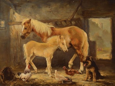 Johannes Wouterus van Trirum, 1924 Rotterdam- 2011, Im Stall, Stute mit Fohlen, Hund und Hühner, Öl/Lwd, rechts unten signiert, ca. 30x40cm, R. ca. ...