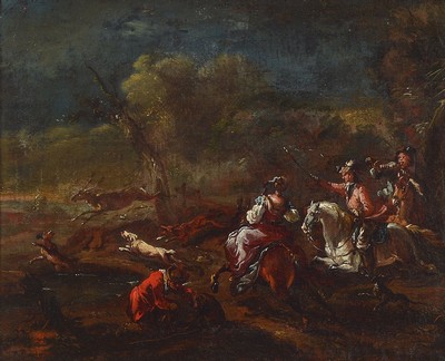 Unbekannter Künstler, süddeutsch, um 1720-30, Jagdszene, drei Hunde, zwei Reiter und eine Reiterin jagen einen Hirschen, ein Mann kauert bei einem ...