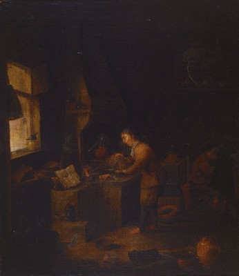 Niederländischer Künstler, um 1680, Interieur mit Apotheker beim Feuer machen im Hintergrund sitzender Mann, lasierende Malerei, 47 x 41 cm, ...
