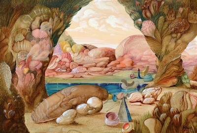 Frank Arno Grüttner, 1840 Berlin-2019 Frankfurt a.M., phantastische Landschaft, Blick aus einer Grotte, Gouache auf Papier, rechts unten signiert ...
