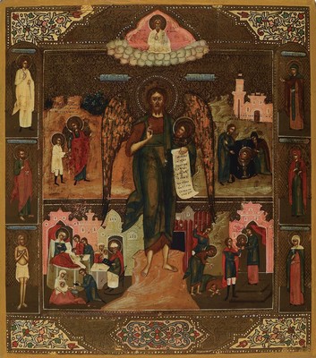 Vitaikone des Hl. Johannes, der Vorläufer, 2. Hälfte 19. Jh., Szenen aus dem Leben des Heiligen, Eitempera/Holz, 35.5 x 30 cm, l.rest.