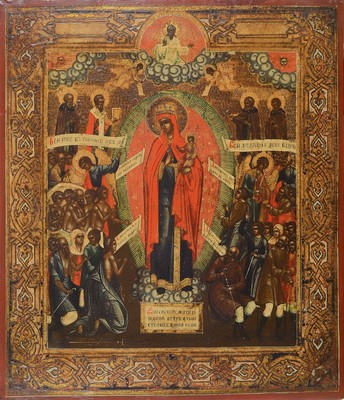 Ikone, Russland, um 1880, Gottesmutter "Freude aller Leidenden", Eitempera/Holz, Gottesmutter als Königin mit Zepter und Jesuskind, im ...