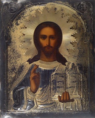 Ikone Russland, um 1900, Silberoklad, Christus Pantokrator, Eitempera/Holz, 18 x 14 cm, Reste Vergoldung