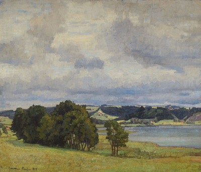 Richard Kaiser, 1868 Magdeburg-1941 München, sommerliche Landschaft mit See, Öl/Lwd, links unten signiert: Richard Kaiser München 1915, ...