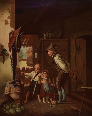 Süddeutscher Maler um 1880/1890, Bauer mit Kindern beim Zünden einer Vorderlader Pistole, erzählende Schilderung, Öl/Lwd., krakeliert, ...