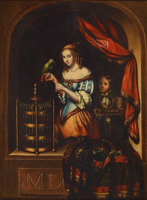 wohl niederländischer Künstler 19. Jh., Frau mit Papagei, Öl/Lwd, nach Vorbild des 17. Jahrhunderts, ältere Restauration, Alters- und ...