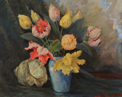 Boris Krilov, 1891 Moskau - 1977,, Tulpen inblauer Vase, Stillleben, Öl/Lwd, re. u. rot signiert, l. rest., Alters- und Gebrauchsspuren, ca. 40 x 50 ...