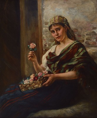 M. Auber, Künstler um 1900, südländische Rosenverkäuferin, Öl/Lwd, re. unten signiert, ca. 65 x 54 cm, Rahmen: 78 x 68 cm