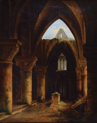 wohl flämischer Maler, 2. Hälfte 19. Jh., Maler in Kirchenruinen, Öl/Lwd, unsigniert, krakeliert, Alters- und Gebrauchsspuren, l. rest., ca. 73 x ...