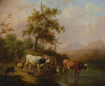 Zuschreibung: Daniel van Oosterhoudt, 1781 Tiel-1850 Kassel, lebte und arbeitete in Den Haag und Amsterdam, hier: Kühe, Schafe und Ziege am ...