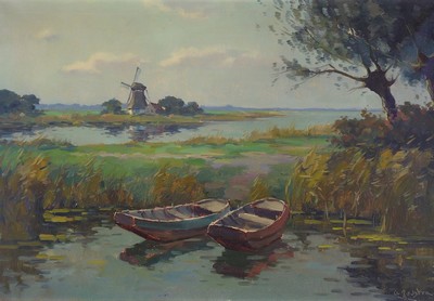 A. Joustra, Maler der 1. Hälfte des 20. Jh., Holländische Flußlandschaft mit Windmühle und Kähnen, Öl/Lwd, rechts unten signiert, ca. 68x100cm, ...