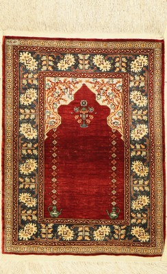 Hereke Seide fein Signiert, Türkei, ca. 60 Jahre, reine Naturseide, ca. 75 x 54 cm, ca. 1,0 Mio. Kn/qm, EHZ: 2, (metall broschiert)