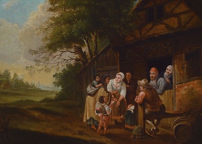 Umkreis Josst-Cornelisz Droochslot, 1586 -1666, bäuerliche Szene mit reicher Figurenstaffage, die Personen unterhalten sich mit einer ankommenden ...