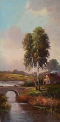 K. Lebert, Düsseldorfer Schule, um 1890-1900, Landschaft mit Bachlauf, Birke und Bauernhof, Öl/Lwd, links unten signiert, ca. 64x32cm, R. ca. ...