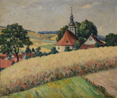 Josef Slovnik, geb. 1881, slowenischer Maler der Düsseldorfer Schule, Darstellung eines Mittelgebirgsdorfes in Süddeutschland, Komposition in ...