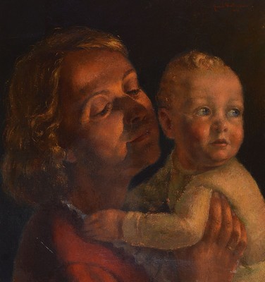 Emil Dielmann, 1897 - 1954, Frankfurter Maler, hier Mutter mit Kleinkind, Öl/Lwd, re. u. signiert und dat. 44, rückseitig bezeichnet, ca. 42 x 39 ...