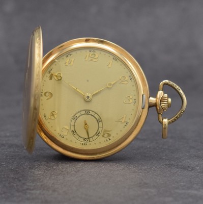 Savonette Herrentaschenuhr in GG 585/000, Schweiz um 1930, guill. 2-Deckel Goldgeh. dell., verg. Cuv., verg. Zifferbl. m. Breguet-Std.-Zeichen ...