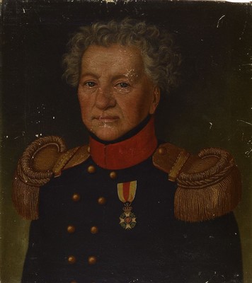 Biedermeierporträt, deutsch, um 1840, Offziert mit Orden, Öl/Lwd, Farb- und Altersschäden, 48 x 43 cm, ältere Rest., Rahmen aus der Zeit, jedoch ...