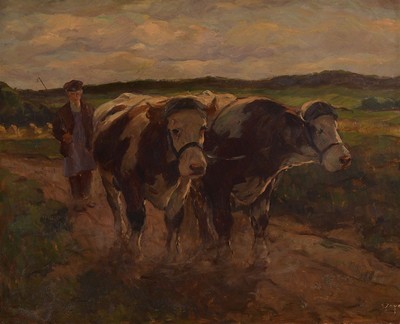 Erich Zeyer, 1903 Stuttgart-1960, Bauer treibt zwei Kühe vor sich her, Öl/ Malkarton, rechts unten signiert, ca. 60x73cm, R. ca. 73x90cm