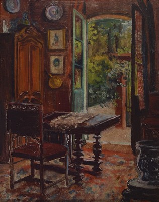 Unbekannter Künstler des Jugendstils, um 1900, Interieur mit geöffneter Terrassentür,Öl/Holz, ca. 24x18cm, R. ca. 36.5x31.5cm