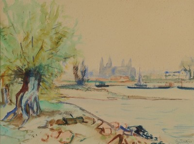 Georg Günter Zeuner, 1923 Dresden-2011 Speyer, Blick über den Rhein auf den Dom zu Speyer, Aquarell auf Papier, leicht gebräunt, rechts unten ...