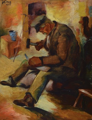 Jakob Schug, 1896-1961, saarländischer Maler, Schuster bei der Arbeit, Öl/Malkarton, links oben signiert und dat. 1925, ca. 54x 42cm, R. ca. 67x55cm