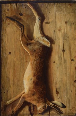R. Matushka, datiert (18)82, erlegter Hase an der Holzwand, Öl/Lwd, feine naturalistische Malerei mit fein abgestuften Brauntönen, rest., rechts ...