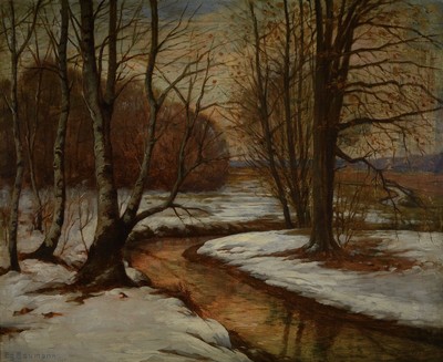 Egon Baumann, deutscher Maler der 1. Hälfte des 20. Jh., Winterlandschaft mit Bachlauf im Wald, Öl/Lwd, links unten signiert, ca. 70x86cm, R. ca. ...