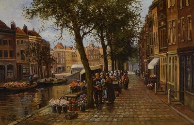 Niederländischer Künstler, frühes 20. Jh., Blumenmarkt in Amsterdam, Öl/Lwd, links unten signiert Ch. Belbman o.ä., ca. 40x60cm, R. ca. 60x80cm