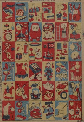 Japanischer Farbholzschnitt, 1902, sog. Omocha-e, aus Nishiki-e von Tsunashima, sog. Spielzeugbild, ca. 32x22cm