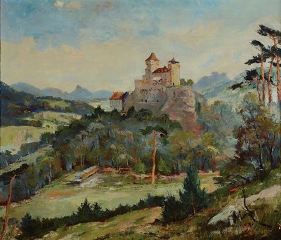 Ludwig Petzinger, pfälzer Maler der 1. Hälfte des 20. Jh., Blick auf Burg Berwartstein, Öl/Malkarton, rechts unten signiert, ca. 70x80cm, R. ca. ...