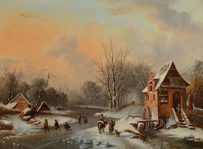 Unbekannter Künstler, Niederlande, 2. Hälfte 19. Jh., Holländische Winterlandschaft mit Schlittschuhläufern, Öl/Lwd, rest., ca. 54x 72cm, R. ca. ...