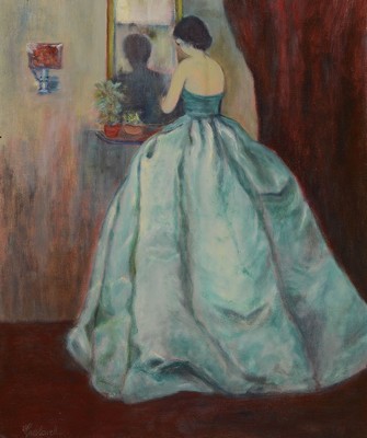 Smolarek, Maler*in der 1. Hälfte des 20. Jh., Frau im Abendkleid vor einem Spiegel, Öl/Lwd, links unten signiert, ca. 60x50cm, R. ca. 70x60cm, auf ...