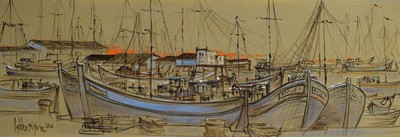 Lykke Vigen, 1927-2009, dänischer Maler, Hafenansicht, Mischtechnik auf Lwd, auf rauer Grundierung, links unten signiert und dat. 74,ca. 40x110cm