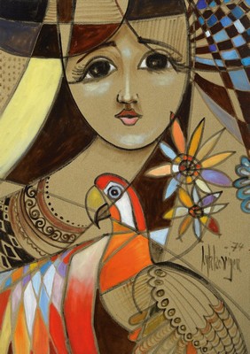 Lykke Vigen, 1927-2009, dänischer Maler, Frau mit Papagei, Mischtechnik auf Lwd, auf rauer Grundierung, signiert und dat. 74, ca. 68x47cm, R.